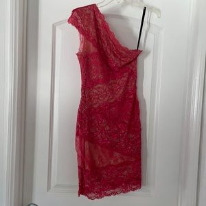 BEBE one shoulder pink lace dress size small